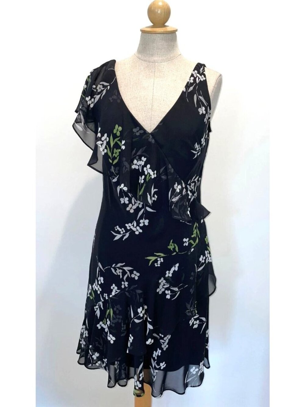Ralph Lauren Black Asymmetric Shoulder Ruffle Floral Chiffon Dress Size 8